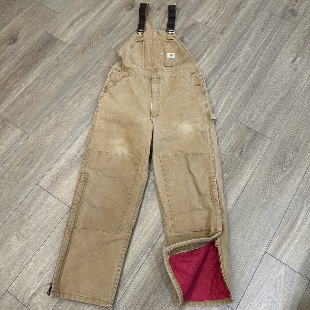 Carhartt R02 BRN Duck Quilt Lined Bib Overalls Double Knee Brown 38x32 Mens USA